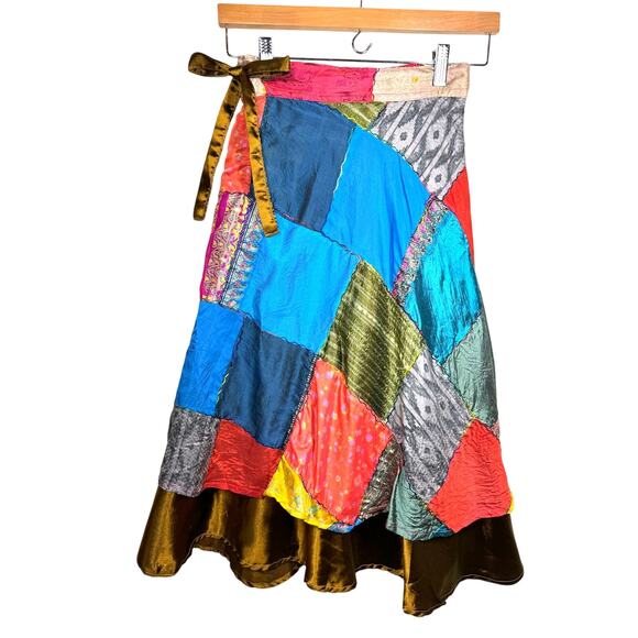 None and/or Unknown Dresses & Skirts - 100% SILK Patchwork Wrap Midi Skirt Adjustable Gypsy Bohemian Boho Festival